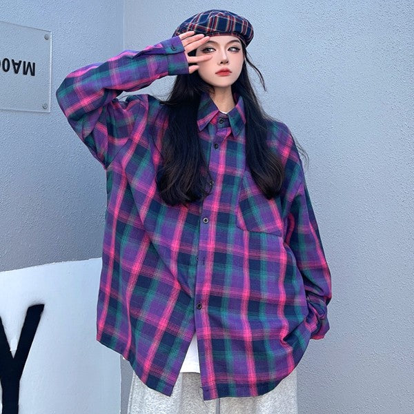 [S520] Letia Purple Check Pattern Shirt - kpoptown.ca