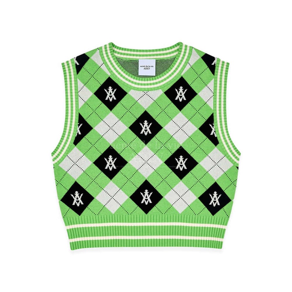 [acmé de la vie x LISA] A LOGO PATTERN ARGYLE KNIT VEST - kpoptown.ca