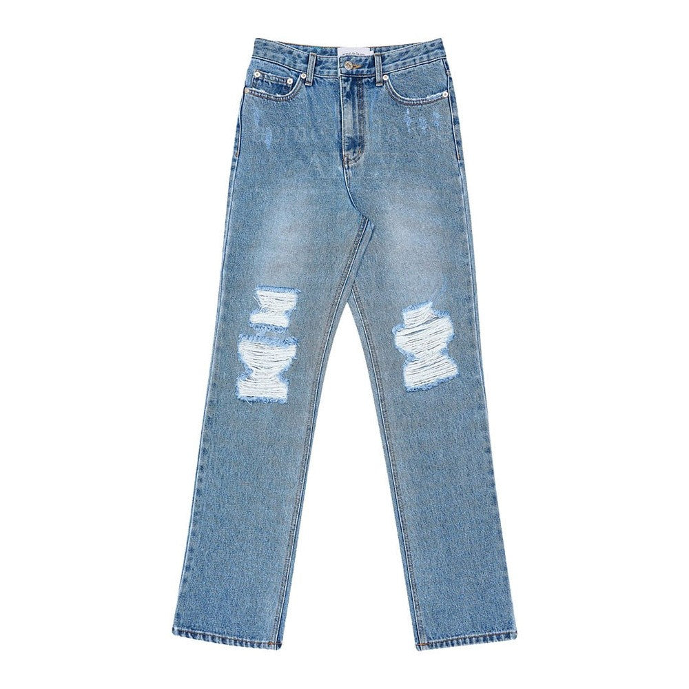 [acmé de la vie x LISA] DESTROYED WASHING STRAIGHT DENIM PANTS - kpoptown.ca