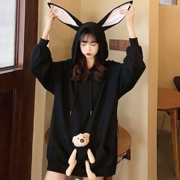 [H124] Rabbit Ears Leathering Hoodie - kpoptown.ca