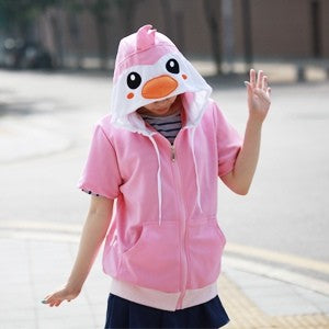 [H43] Short Sleeve Hood Zip-up - Pink Penguin - kpoptown.ca