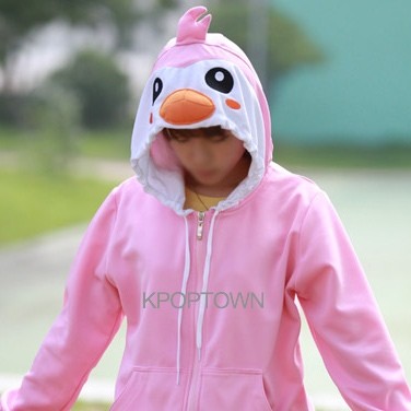 [H73] Long Sleeve Hood Zip-up - Pink Penguin - kpoptown.ca